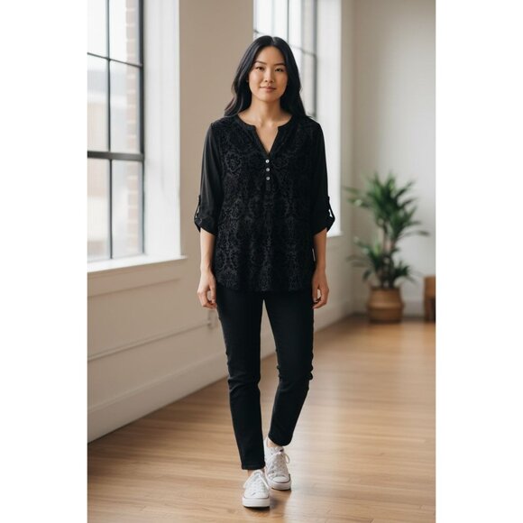 Nine West Crushed Velvet Tunic Top Womens Medium Black Whimsigoth Holiday Boho - Picture 1 of 11